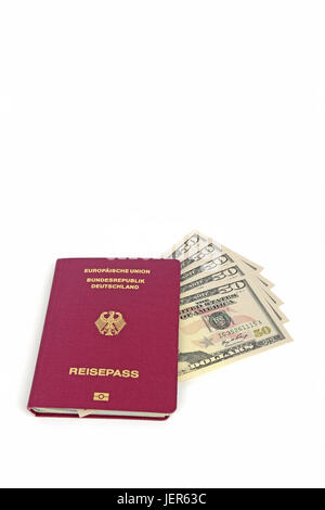 several 50 dollar notes, passport the Federal Republic of Germany, symbolic picture travel planning, mehrere 50 Dollarscheine, Reisepass Bundesrepubli Stock Photo