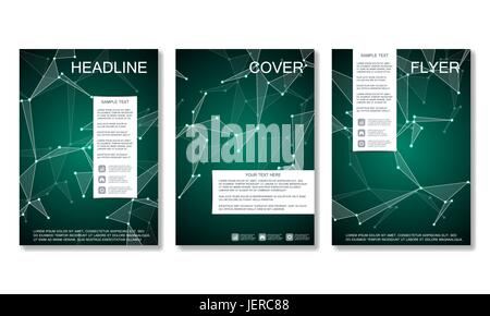 Brochure template layout, flyer, cover, annual report, magazine in A4 size. Structure of molecular particles and atom. Polygonal abstract background. Vector illustration Stock Vector