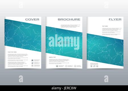 Brochure template layout, flyer, cover, annual report, magazine in A4 size. Structure of molecular particles and atom. Polygonal abstract background. Vector illustration Stock Vector