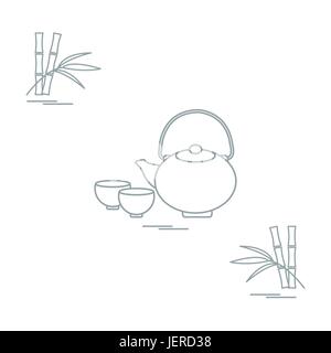 Stylized icon of the teapot with two cups and bamboo. Tea ceremony. Design for banner, poster or print. Stock Vector