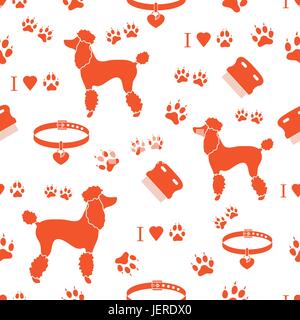 Seamless pattern with poodle silhouette, comb, collar, dog tracks and hearts. Design for banner, poster or print. Stock Vector