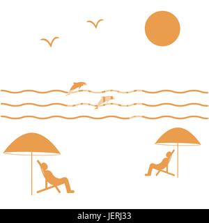 Nice picture on holiday by the sea: the sun, seagulls, dolphins, waves, people in beach chairs under umbrellas on a white background Stock Vector