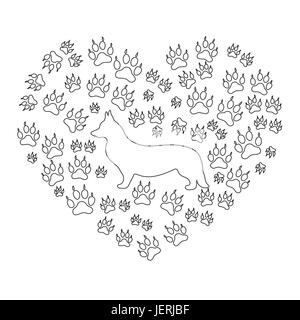 Nice picture of Welsh Corgi Pembroke silhouette on a background of dog tracks in the form of heart on a white background. Stock Vector