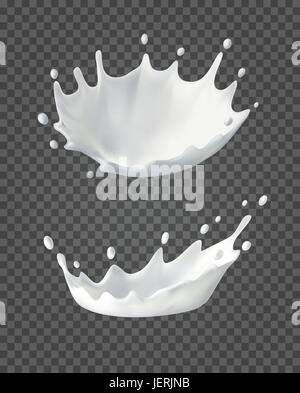 Milk splashes and drops. 3d Realistic white liquid crown. Vector drink on transparent background. Natural dairy products. Stock Vector