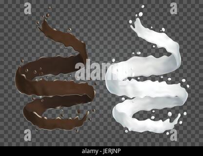 Milk and chocolate flowing. 3d Realistic liquid spiral on transparent background. Natural dairy products vector. Stock Vector