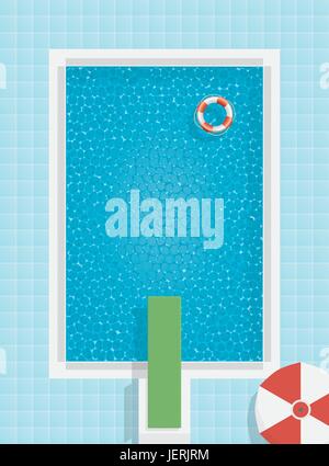 Swimming pool background with life buoy, parasol and springboard Stock Vector