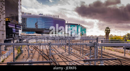 Looking over that train power-lines at the South Australian Health and Medical Research Institute in Adelaide, South Australia Stock Photo