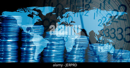 conceptual image of coins and world map Stock Photo