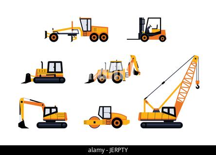 Construction Vehicles - modern vector flat design icon set. Loader, excavator, backhoe, bulldozer, crane, paving machine, road grader, forklift. Heavy Stock Vector