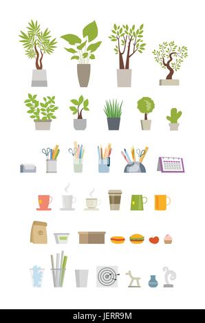 Office Essentials - modern color vector flat icons set. Room trees, plants, cactus, vase, note, sticker, pencil, pen, scissors, calendar, organizer, c Stock Vector