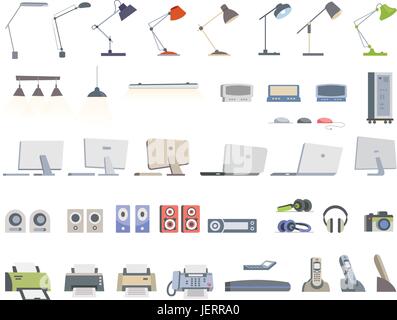 Office Essentials - modern color vector flat icons set. Different lamps, lights, display, monitor, desktop, computer, laptop, speaker, player, headpho Stock Vector