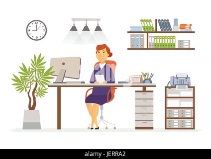 Office Woman - vector flat illustration of an employer, colleague, employee. A female worker cartoon character, desk, work station. Clock, cabinet, pl Stock Vector