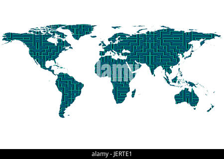 conceptual image of flat world map and maze. NASA flat world map image used to furnish this image. Stock Photo