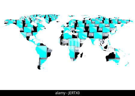 conceptual image of flat world map and computers. NASA flat world map image used to furnish this image. Stock Photo