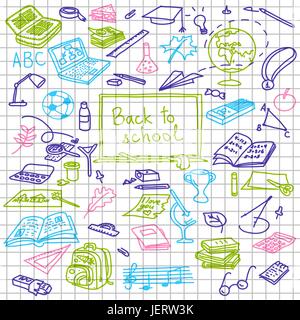 back to school, hand drawn colored silhouettes on squared paper, sketch, doodle, Stock Vector