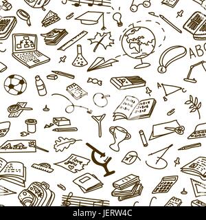 back to school, hand drawn black ink silhouettes on squared paper, sketch, doodle, vector seamless pattern Stock Vector