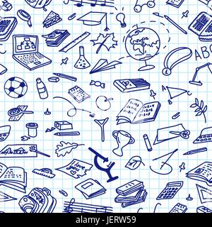 back to school, hand drawn blue ink silhouettes on squared paper, sketch, doodle, vector seamless pattern Stock Vector