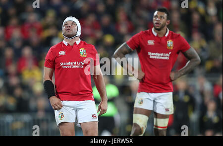British and Irish Lions' Rory Best (left) and Courtney Lawes appear dejected during the tour match at the Westpac Stadium, Wellington. Stock Photo