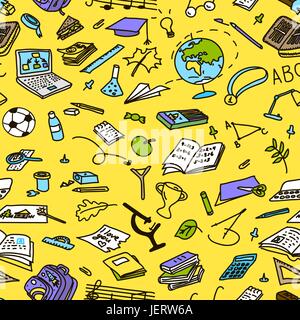 Educational objects hand drawn colored silhouettes on yellow, sketch, doodle, Stock Vector