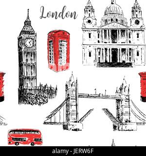 London symbols: St. Paul Cathedral, Big Ben and Tower Bridge. Beautiful hand drawn vector sketch illustration. Stock Vector