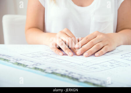 Female architect and her new project Stock Photo