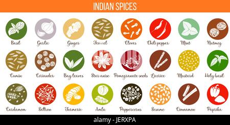 Big vector set of popular culinary spices silhouettes. Ginger, chili pepper, garlic, nutmeg, anise etc. Stock Vector