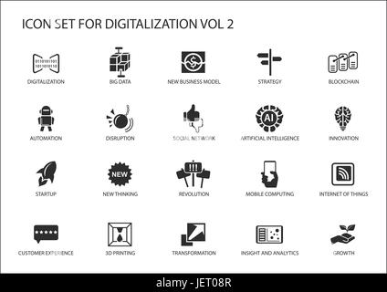 Digitalization icon vector set for topics like big data, business models, 3D printing, disruption, artificial intelligence, internet of things Stock Vector