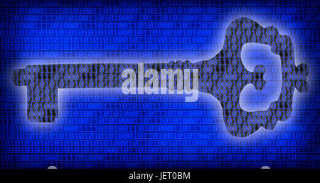 conceptual image of key and binary code of one and zero on blue screen. Stock Photo
