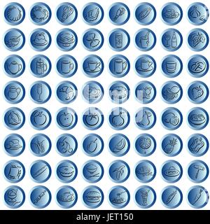 round blue plastic buttons with food symbols - indemnified illustrations Stock Vector