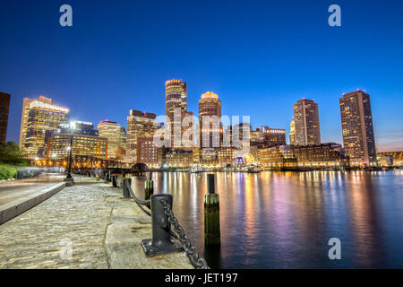 Boston Skyline from Downtown Harborwalk at Night Stock Photo