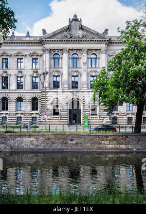 Berlin,Mitte.WZB Social Science research building,Exterior façade of historic old Neo-Baroque building,gable,ornate metal door,sculptural details Stock Photo