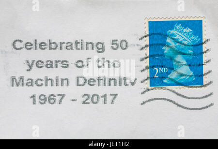 Celebrating 50 years of the Machin Definitive 1967 - 2017 stamped on envelope with 2nd class postage stamp franked Stock Photo