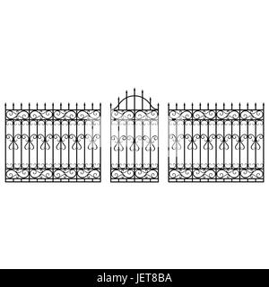 Vector illustration wrought iron modular railing and fence. Vintage gate with swirls. Black forged fence Stock Vector