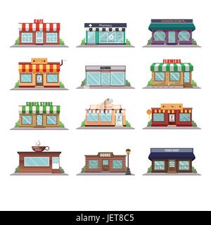 Set of vector flat design  shops facade icons. Cafe, pharmacy, fashion store, bakery, alcohol, flowers, shoes store, ice cream, china town, coffee hou Stock Vector