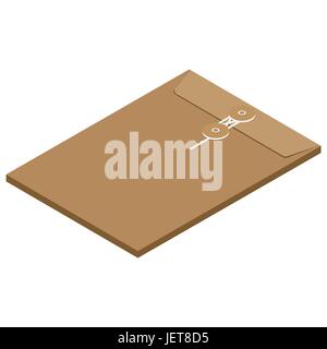 Isometric perspective 3d brown paper sealed with string envelope template vector icon isolated on white. Stock Vector