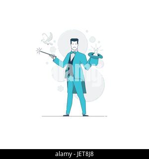 Concept vector illustration. Magician holding magic wand and hat. White rabbit in the hat. A white pigeon flying. Stock Vector