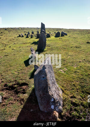 Bronze Age stone circle around a ruined cairn at the SW end of Down Tor stone row, Dartmoor. The final three stones ascend in height towards the cairn Stock Photo