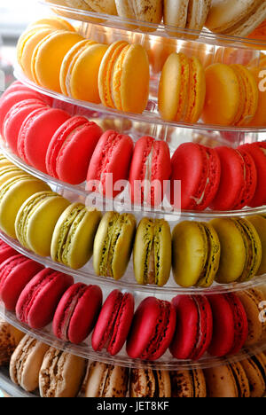 colourful display of macaroons on shop counter Stock Photo