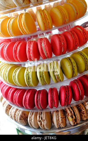 colourful display of macaroons on shop counter Stock Photo