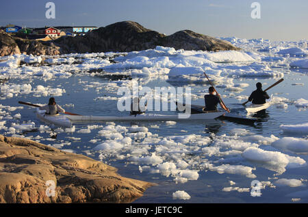 Greenland, Disco Bay, Ilulissat, Inuit, kayaks, floes, back view, no model release, Western Greenland, person, locals, kayakists, natives, four, snow, ice, sea, fjord, cold, icily, boat, paddle, paddle, locomotion, coast, houses, Stock Photo