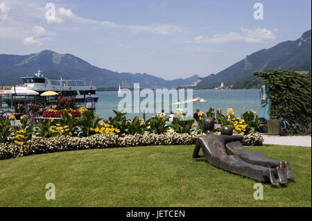 Austria, salt chamber property, Strobl, meadow, bronze figures, tourists, Wolfgang's lake, health resort, place, lakeside, promenade, flowers, sculptures, lake, steamboat, navigation, tourist, person, view, mountains, tourism, sunshine, Stock Photo