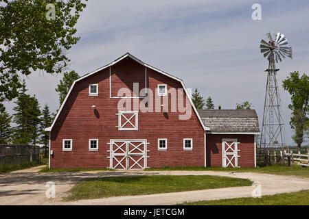 Canada, Menitoba, stone brook, Mennonite Heritage Village, farm, stable, barn, wind turbine, Stock Photo