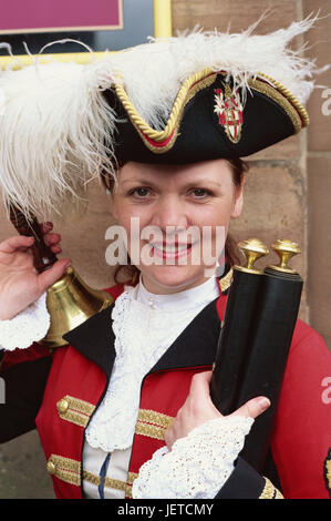 Great Britain, England, Cheshire, Chester, woman, costume, town bawler, portrait, model released, Europe, town, destination, place of interest, tourism, person, outside, pillar, locals, lining, historically, ancient, crier, Ausruferin, news, rally, bell,