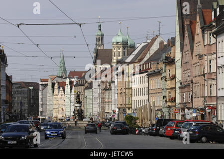Germany, Bavaria, Augsburg, Maximilianstrasse, house facades, towers, city hall, Perlachturm, cathedral, Stock Photo