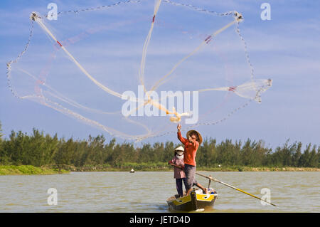 Fishermen, boat, network unload, Hoi In, Vietnam, Stock Photo