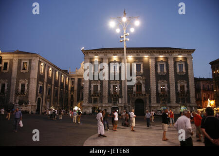 Italy, Sicily, Catania, Old Town, Piazza del Duomo, Palazzo Municipio, square, tourist, dusk, Southern Europe, island, town, cathedral square, city hall, structure, architecture, place of interest, destination, tourism, person, Stock Photo