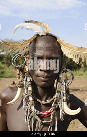 Man, tribe Mursi, Mago national park, southern Omotal, south Ethiopia, Stock Photo