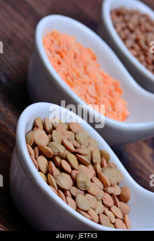 Variety types of lentils in a spoons on wooden table Stock Photo