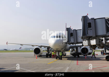 Airplane is prepared in the finger dock after the landing for the next start, airport of Zurich, Zurich, Switzerland, only digitally available, Flugze Stock Photo