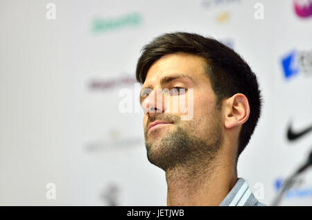 Novak Djokovic (Serbia) in a press conference before his first appearance at Devonshire Park, Eastbourne, during the 2017 Aegon International Stock Photo